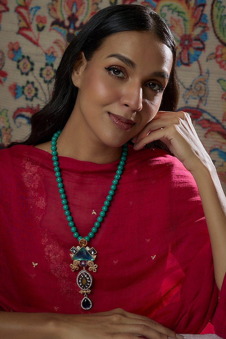 Two-Tone Finish Kundan Polki & Turquoise Semi-Precious Stone Necklace by Tad Accessories at Pernia's Pop Up Shop