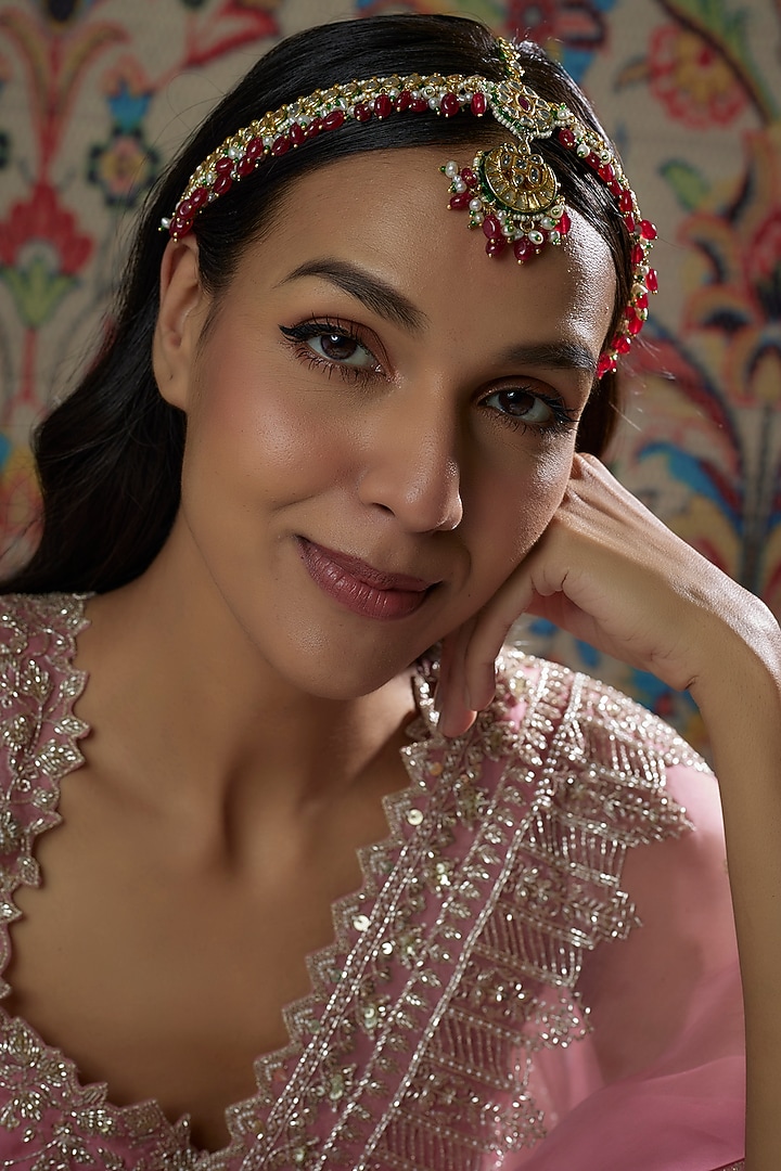 Gold Finish Kundan Polki & Red Stone Mathapatti by Tad Accessories at Pernia's Pop Up Shop