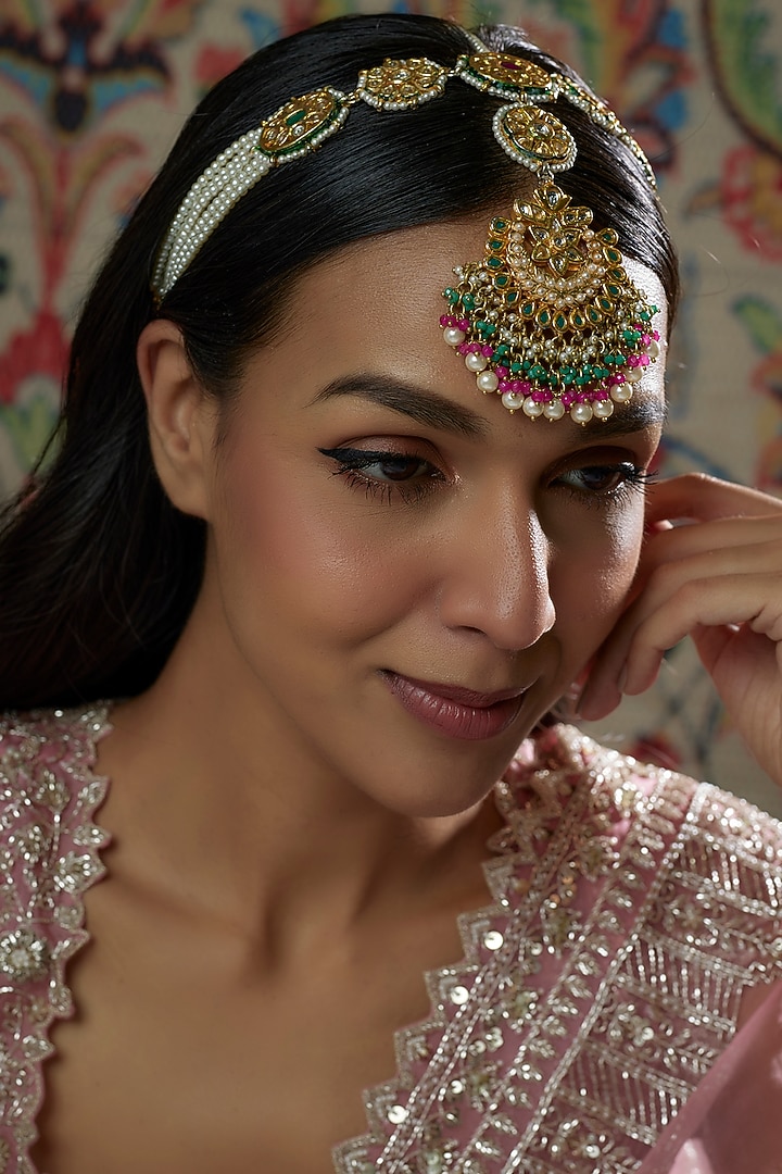 Gold Finish Kundan Polki Mathapatti by Tad Accessories at Pernia's Pop Up Shop