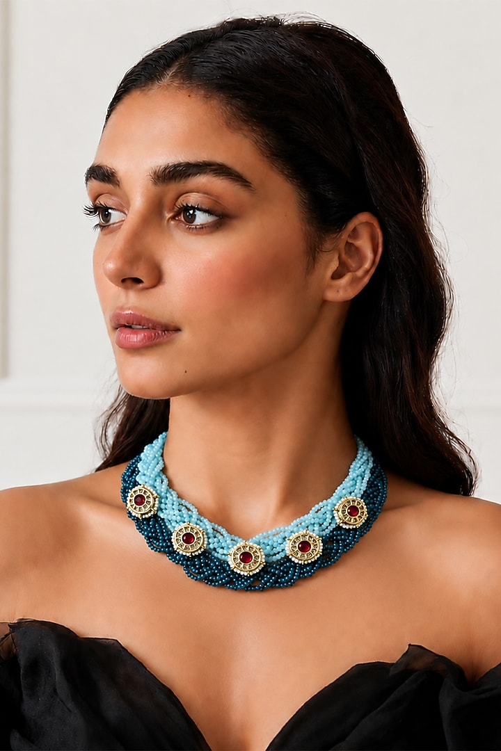 Gold Finish Crystal & Beaded Necklace by Tad Accessories at Pernia's Pop Up Shop