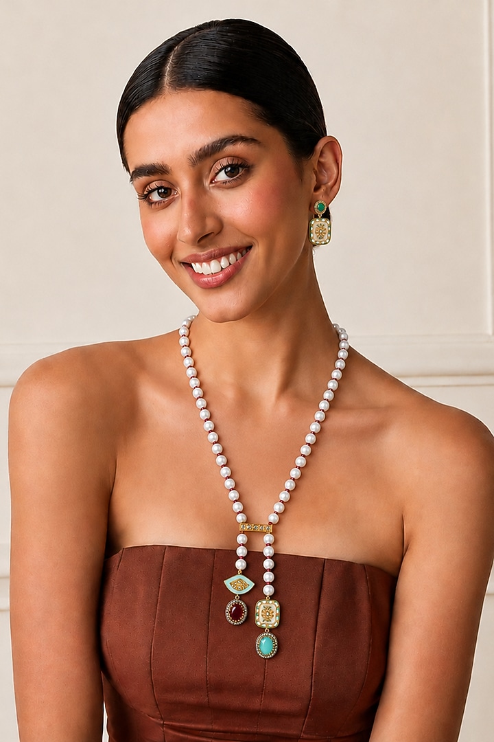 Gold Kundan Polki & Pearl Long Necklace Set by Tad Accessories at Pernia's Pop Up Shop
