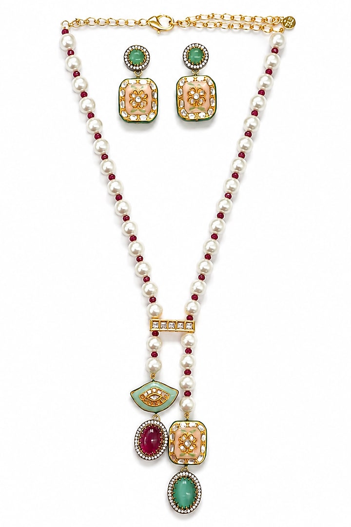 Gold Kundan Polki & Pearl Long Necklace Set by Tad Accessories at Pernia's Pop Up Shop