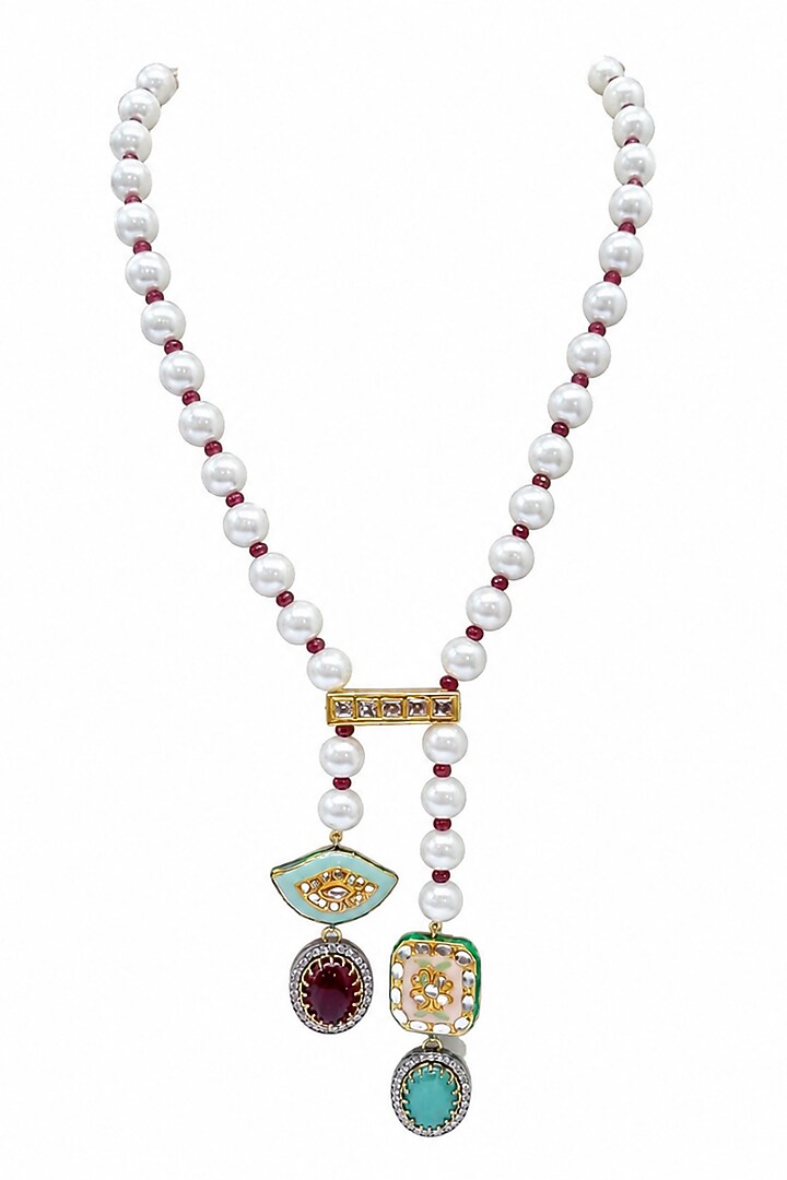 Gold Kundan Polki & Pearl Long Necklace Set by Tad Accessories at Pernia's Pop Up Shop