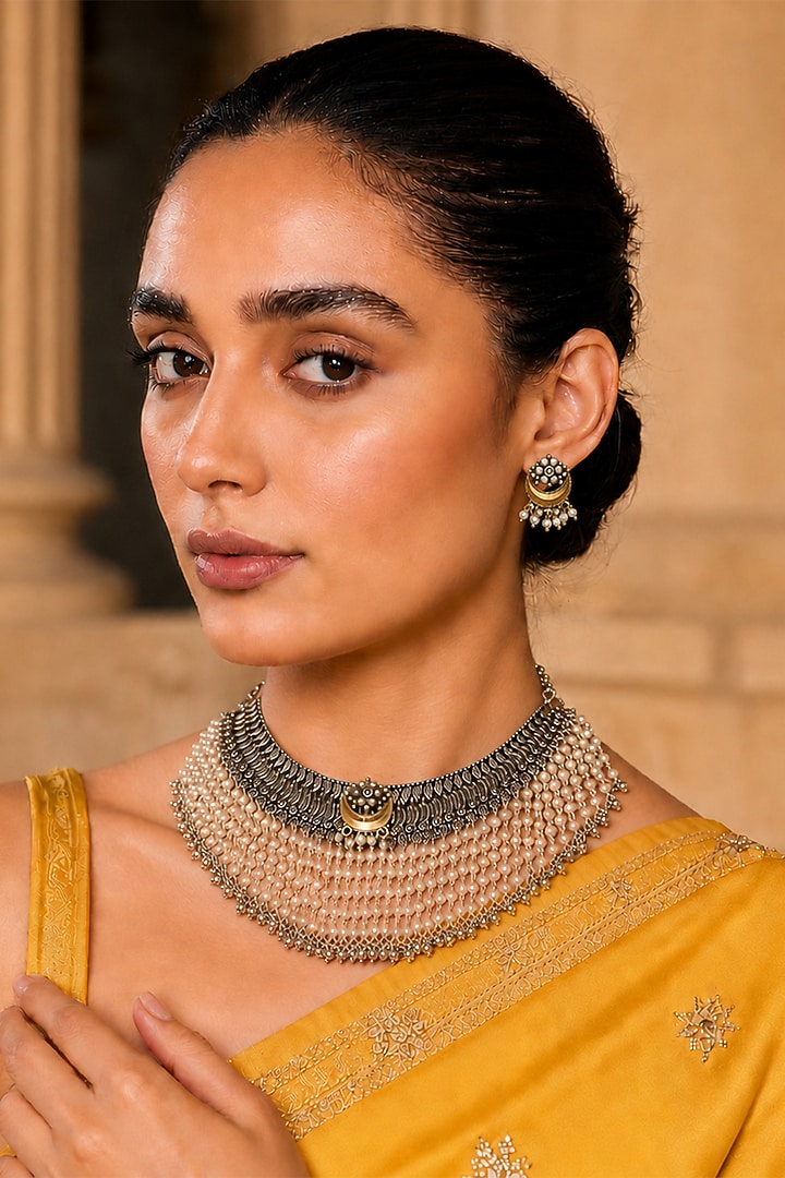 Silver Finish Faux Pearl Choker Necklace Set by Tad Accessories at Pernia's Pop Up Shop