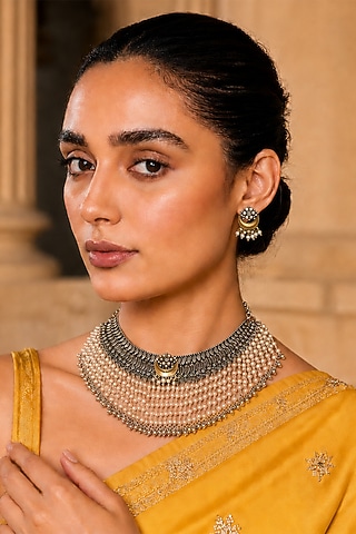 Silver Finish Faux Pearl Choker Necklace Set by Tad Accessories