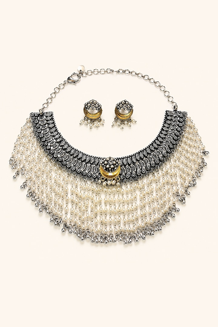 Silver Finish Faux Pearl Choker Necklace Set by Tad Accessories at Pernia's Pop Up Shop
