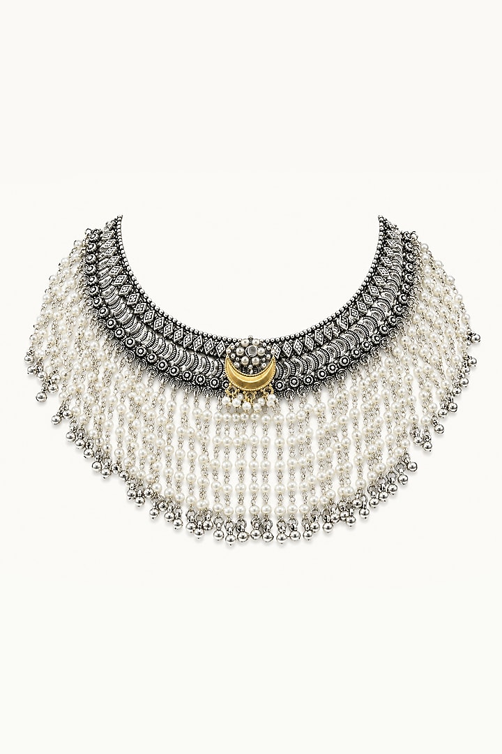 Silver Finish Faux Pearl Choker Necklace Set by Tad Accessories at Pernia's Pop Up Shop