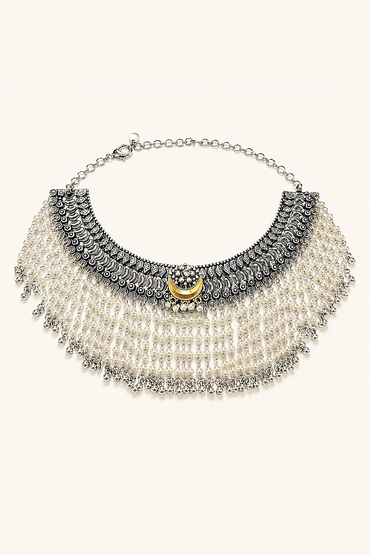 Silver Finish Faux Pearl Choker Necklace Set by Tad Accessories at Pernia's Pop Up Shop