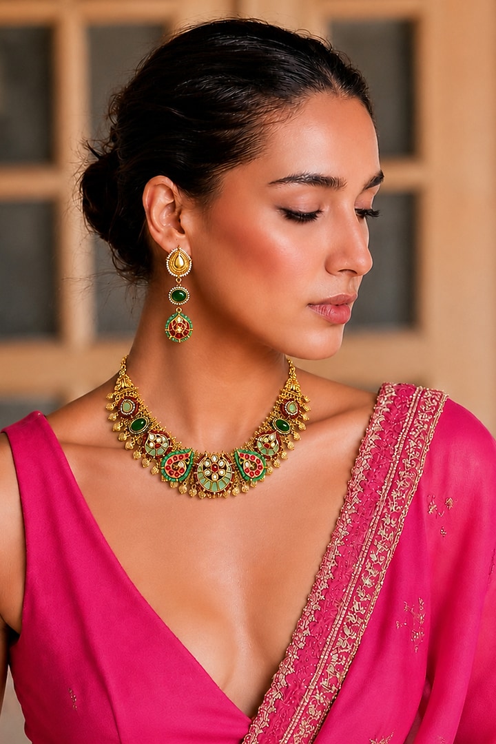 Gold Finish Kundan Polki & Multi-Colored Stone Necklace Set by Tad Accessories at Pernia's Pop Up Shop