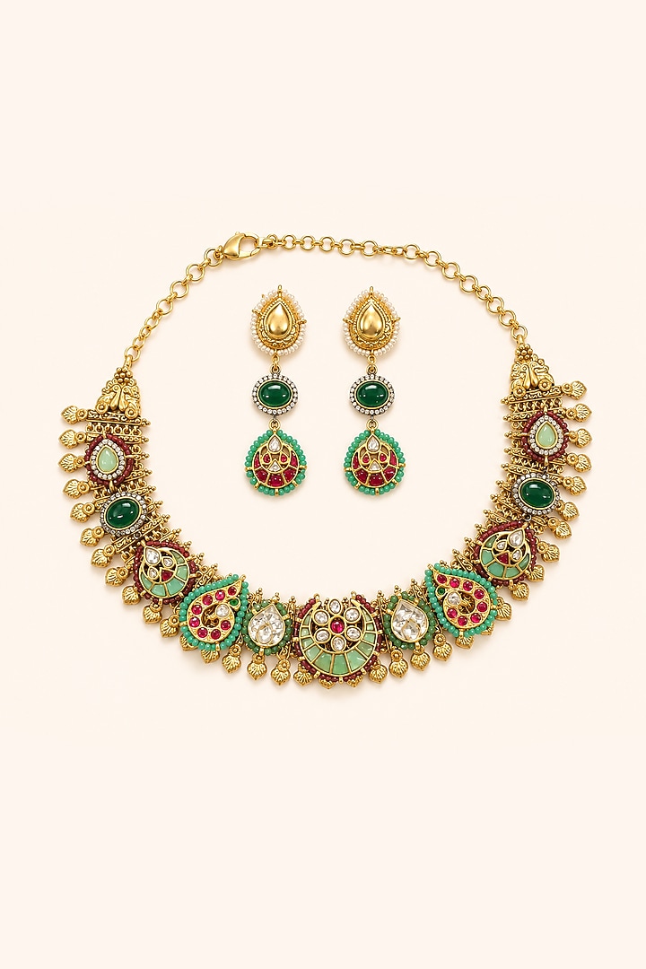 Gold Finish Kundan Polki & Multi-Colored Stone Necklace Set by Tad Accessories at Pernia's Pop Up Shop