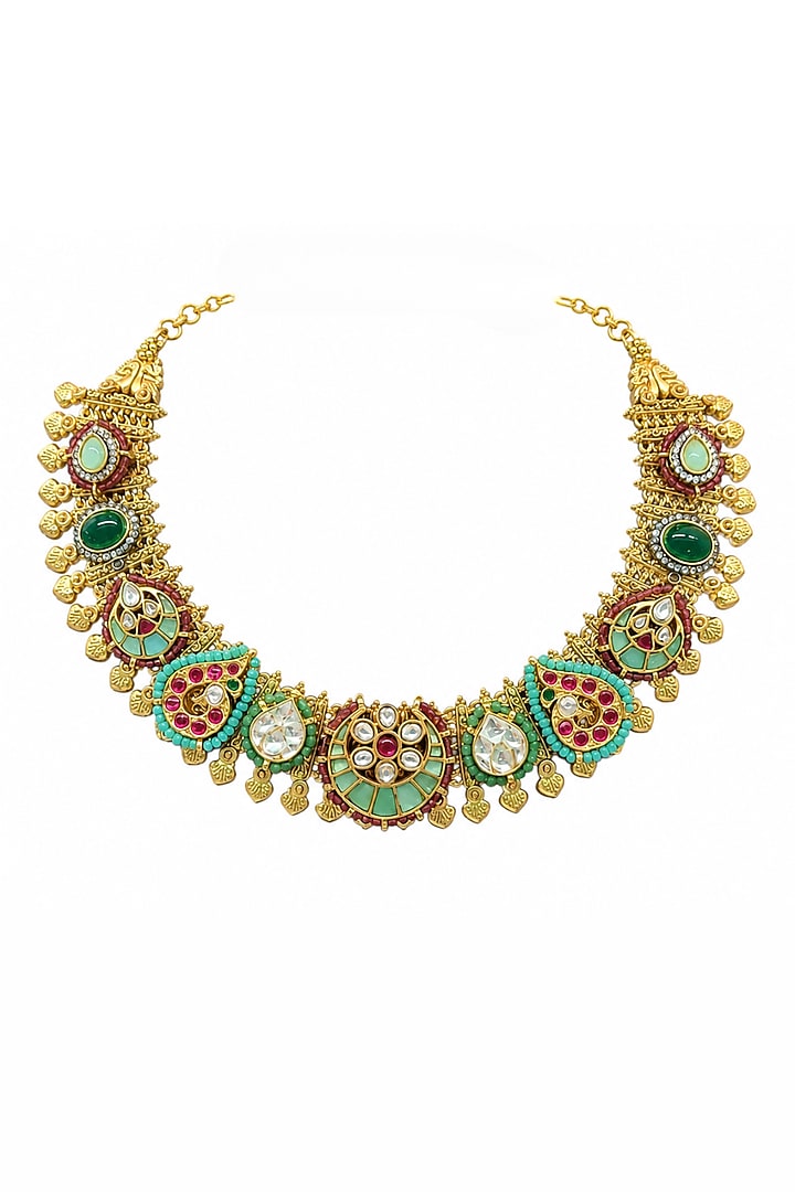 Gold Finish Kundan Polki & Multi-Colored Stone Necklace Set by Tad Accessories at Pernia's Pop Up Shop