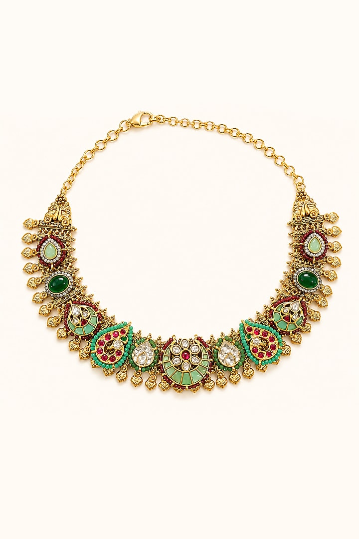 Gold Finish Kundan Polki & Multi-Colored Stone Necklace Set by Tad Accessories at Pernia's Pop Up Shop