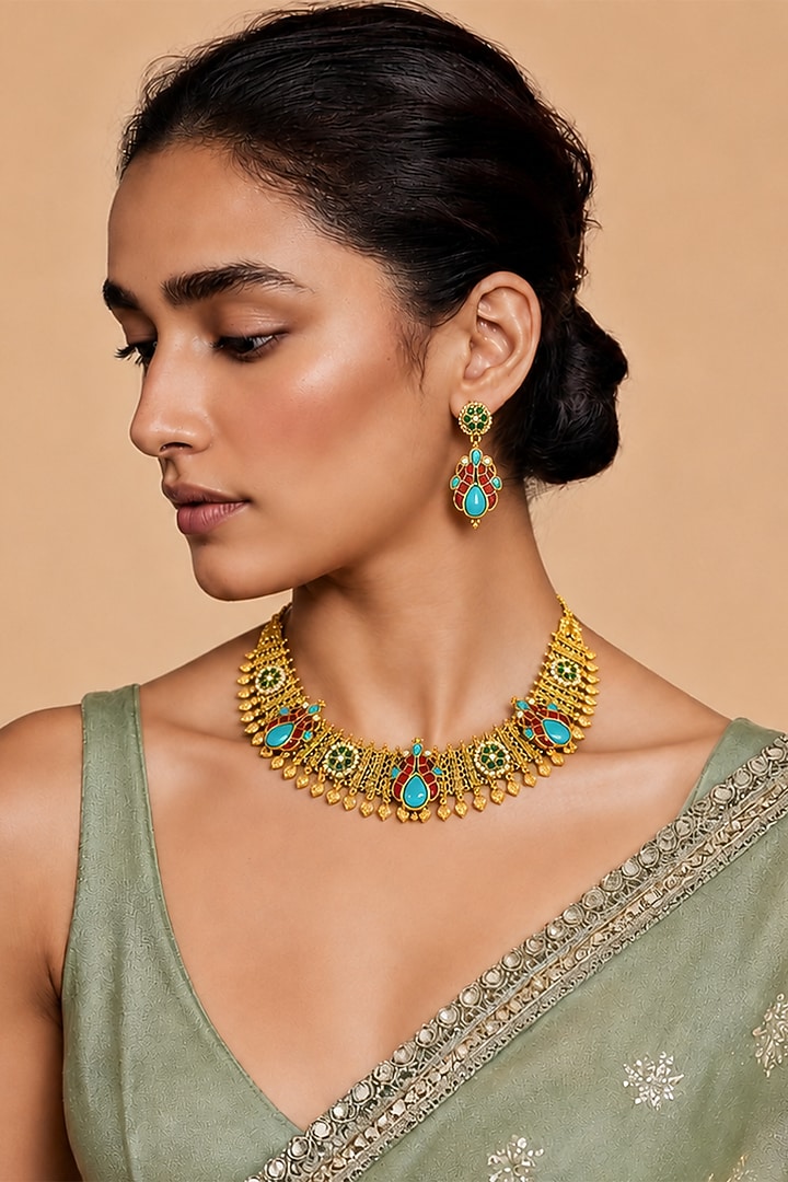 Gold Finish Kundan Polki & Multi-Colored Stone Necklace Set by Tad Accessories at Pernia's Pop Up Shop
