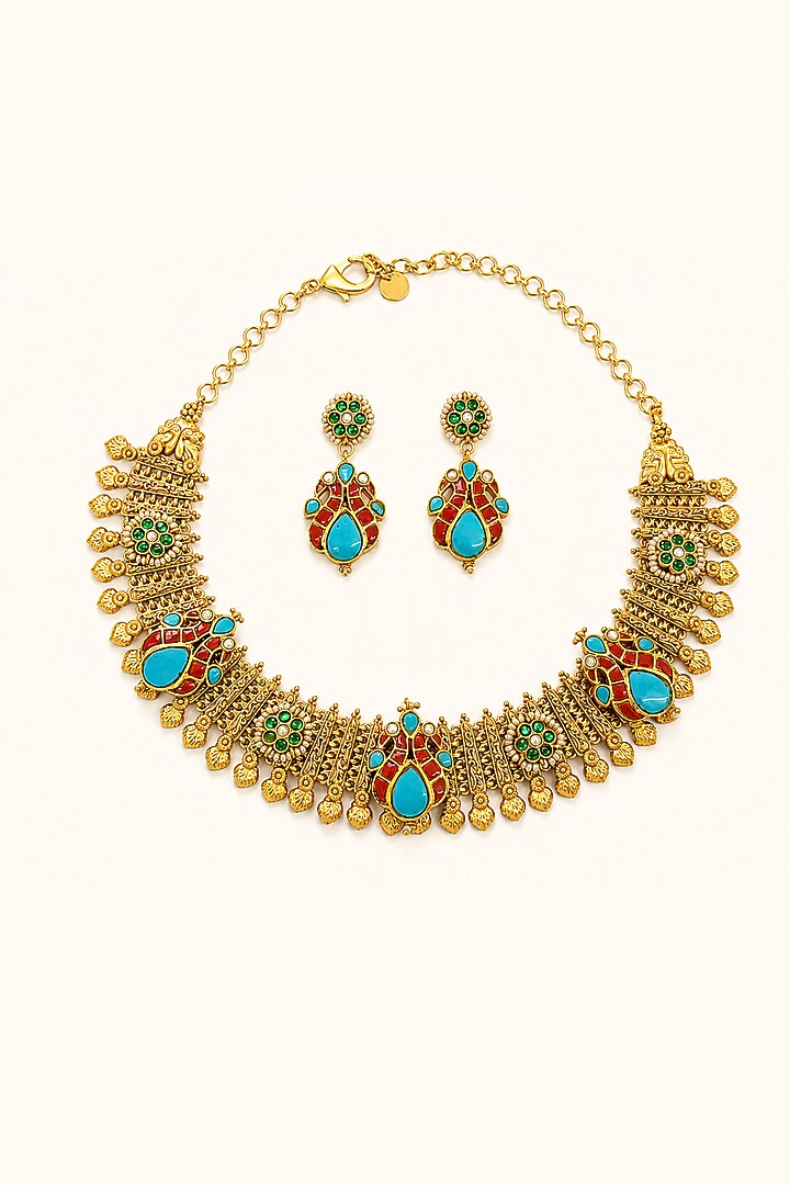 Gold Finish Kundan Polki & Multi-Colored Stone Necklace Set by Tad Accessories at Pernia's Pop Up Shop