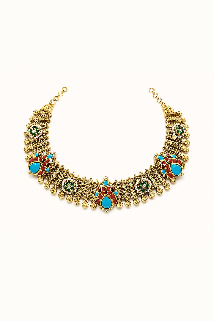Gold Finish Kundan Polki & Multi-Colored Stone Necklace Set by Tad Accessories at Pernia's Pop Up Shop