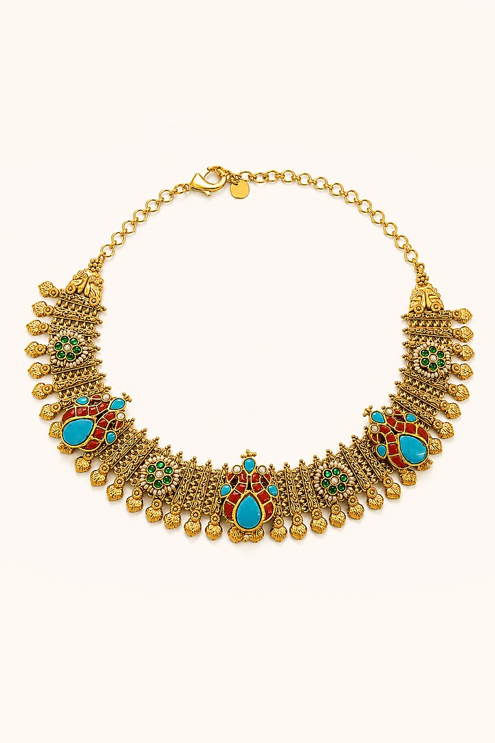 Gold Finish Kundan Polki & Multi-Colored Stone Necklace Set by Tad Accessories at Pernia's Pop Up Shop