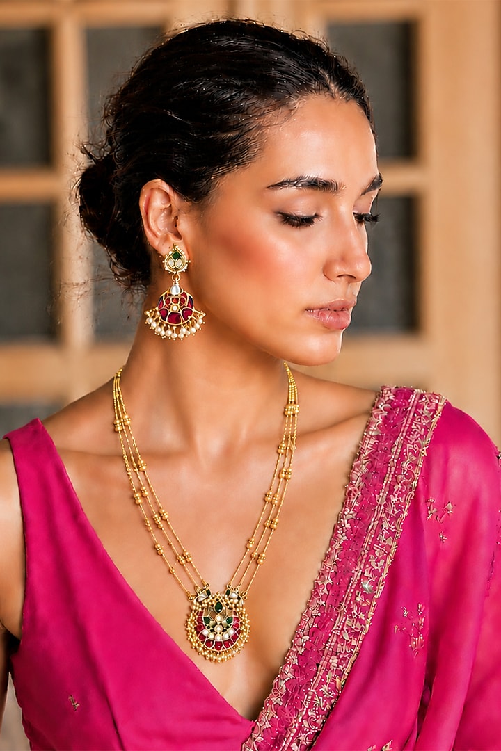 Gold Finish Kundan Polki Long Necklace Set by Tad Accessories at Pernia's Pop Up Shop