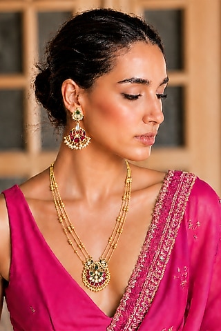Gold Finish Kundan Polki Long Necklace Set by Tad Accessories