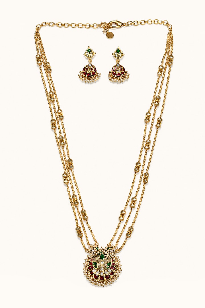 Gold Finish Kundan Polki Long Necklace Set by Tad Accessories at Pernia's Pop Up Shop