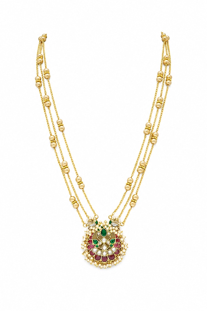 Gold Finish Kundan Polki Long Necklace Set by Tad Accessories at Pernia's Pop Up Shop