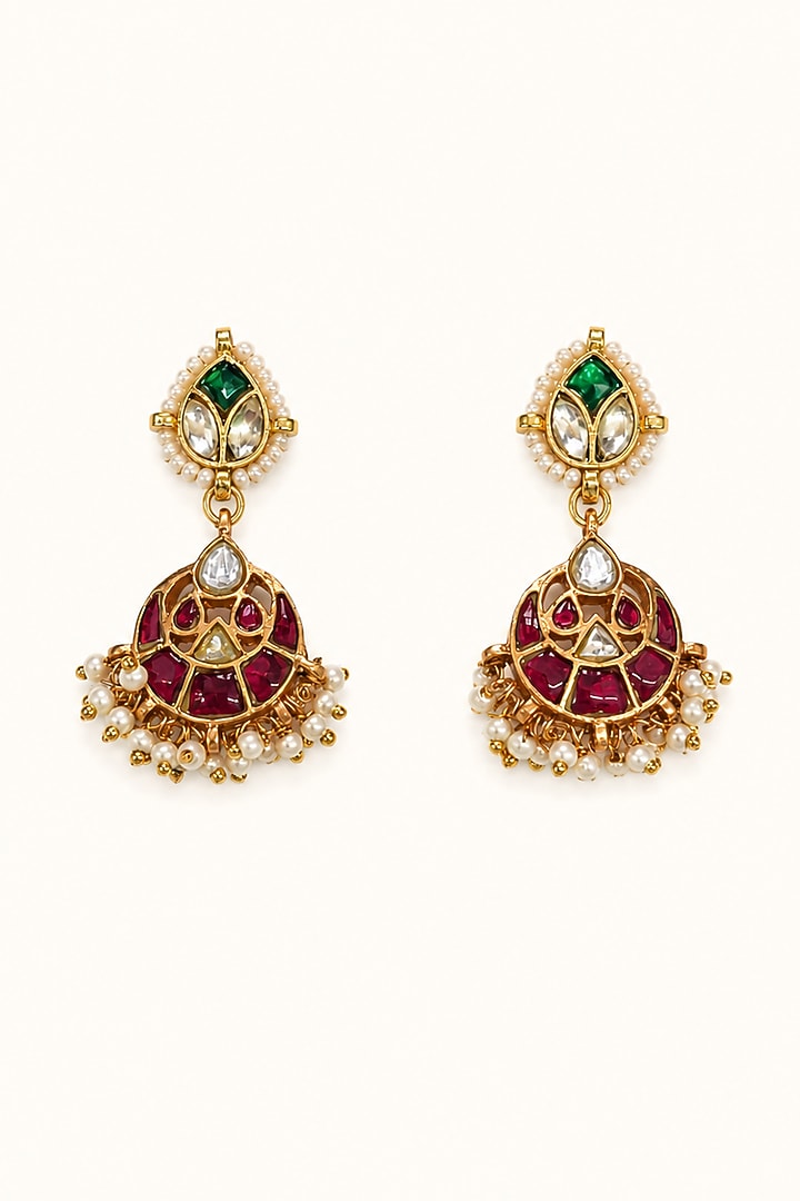Gold Finish Kundan Polki Long Necklace Set by Tad Accessories at Pernia's Pop Up Shop