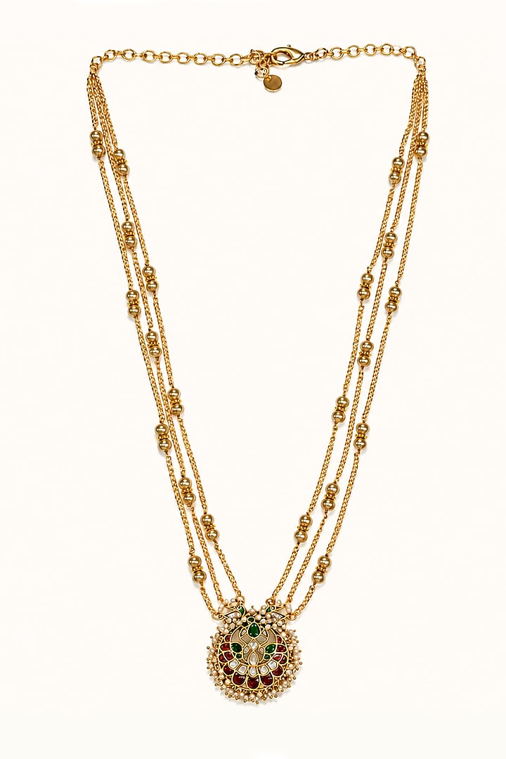 Gold Finish Kundan Polki Long Necklace Set by Tad Accessories at Pernia's Pop Up Shop