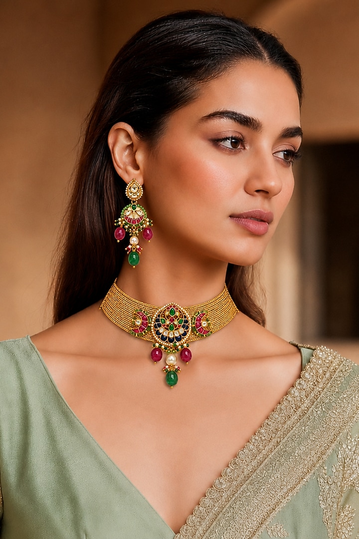 Gold Finish Kundan Polki Choker Necklace Set by Tad Accessories at Pernia's Pop Up Shop