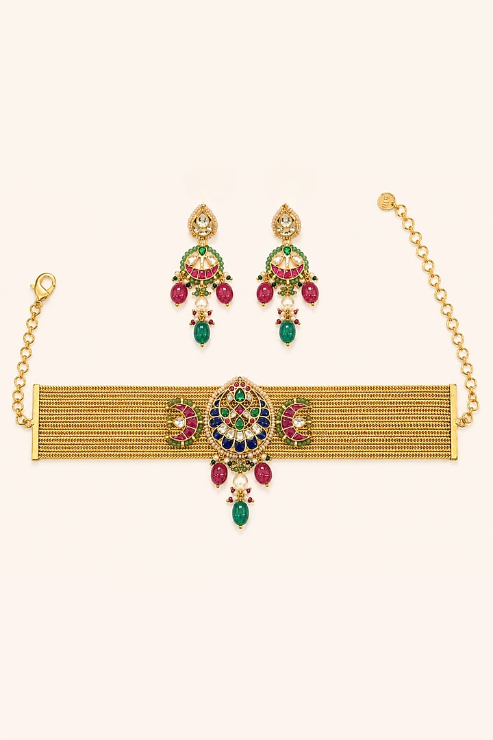 Gold Finish Kundan Polki Choker Necklace Set by Tad Accessories at Pernia's Pop Up Shop