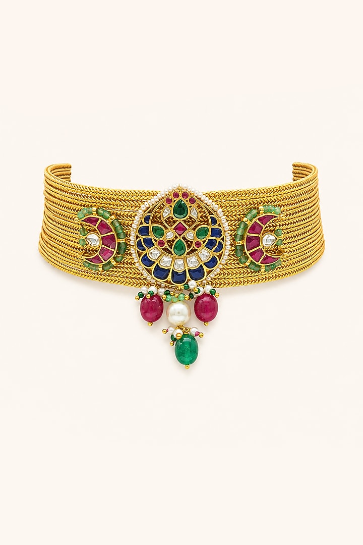 Gold Finish Kundan Polki Choker Necklace Set by Tad Accessories at Pernia's Pop Up Shop