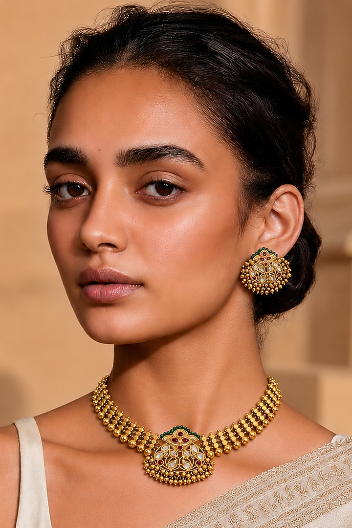 Gold Finish Kundan Polki & Semi Precious Stone Necklace Set by Tad Accessories at Pernia's Pop Up Shop