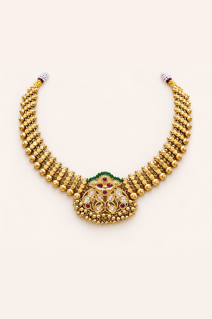 Gold Finish Kundan Polki & Semi Precious Stone Necklace Set by Tad Accessories at Pernia's Pop Up Shop