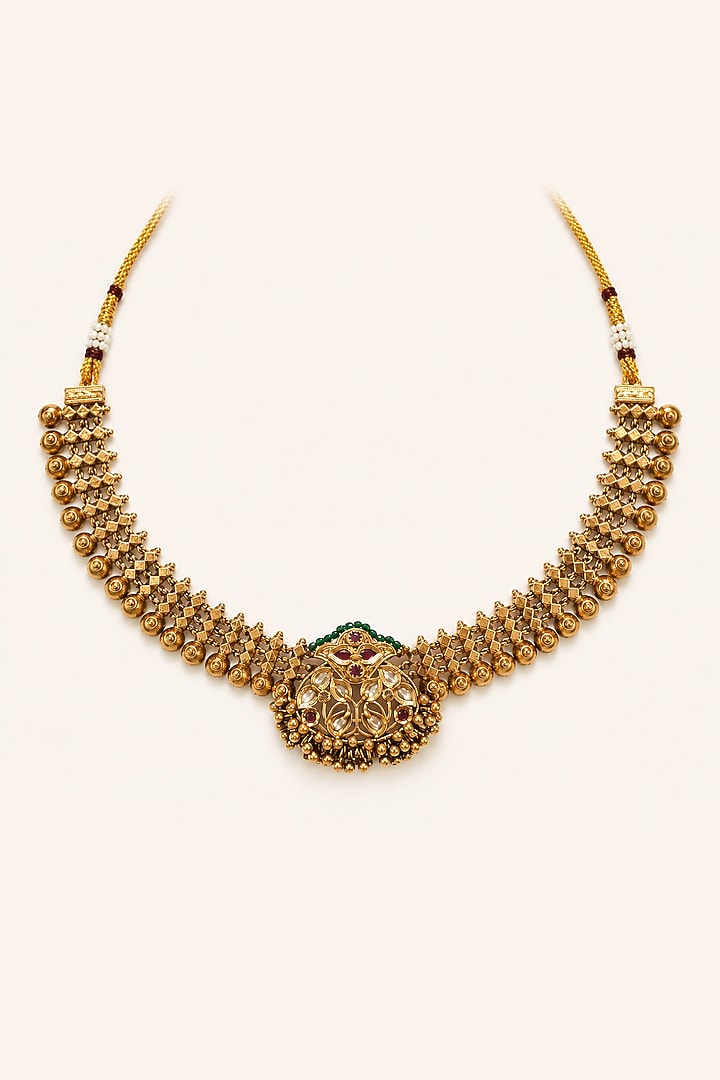 Gold Finish Kundan Polki & Semi Precious Stone Necklace Set by Tad Accessories at Pernia's Pop Up Shop