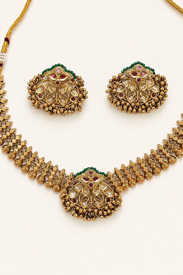 Gold Finish Kundan Polki & Semi Precious Stone Necklace Set by Tad Accessories at Pernia's Pop Up Shop
