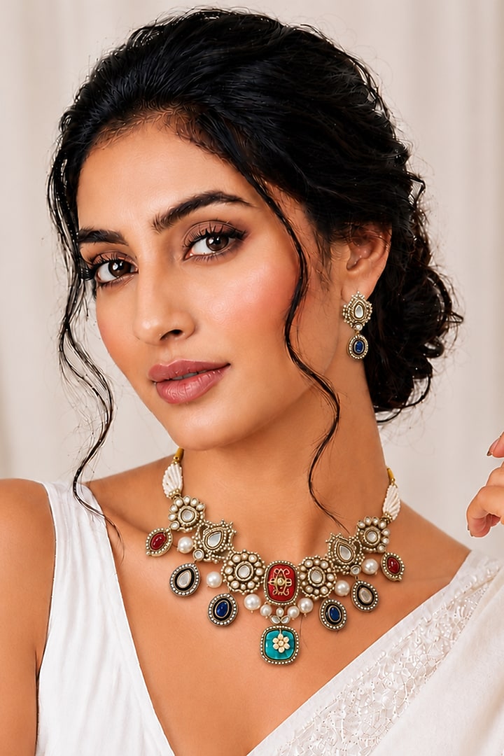 Gold Finish Kundan Polki & Semi Precious Stone Necklace Set by Tad Accessories at Pernia's Pop Up Shop