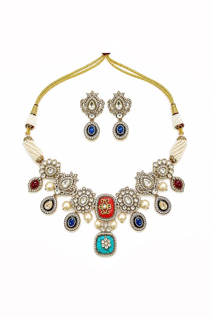 Gold Finish Kundan Polki & Semi Precious Stone Necklace Set by Tad Accessories at Pernia's Pop Up Shop