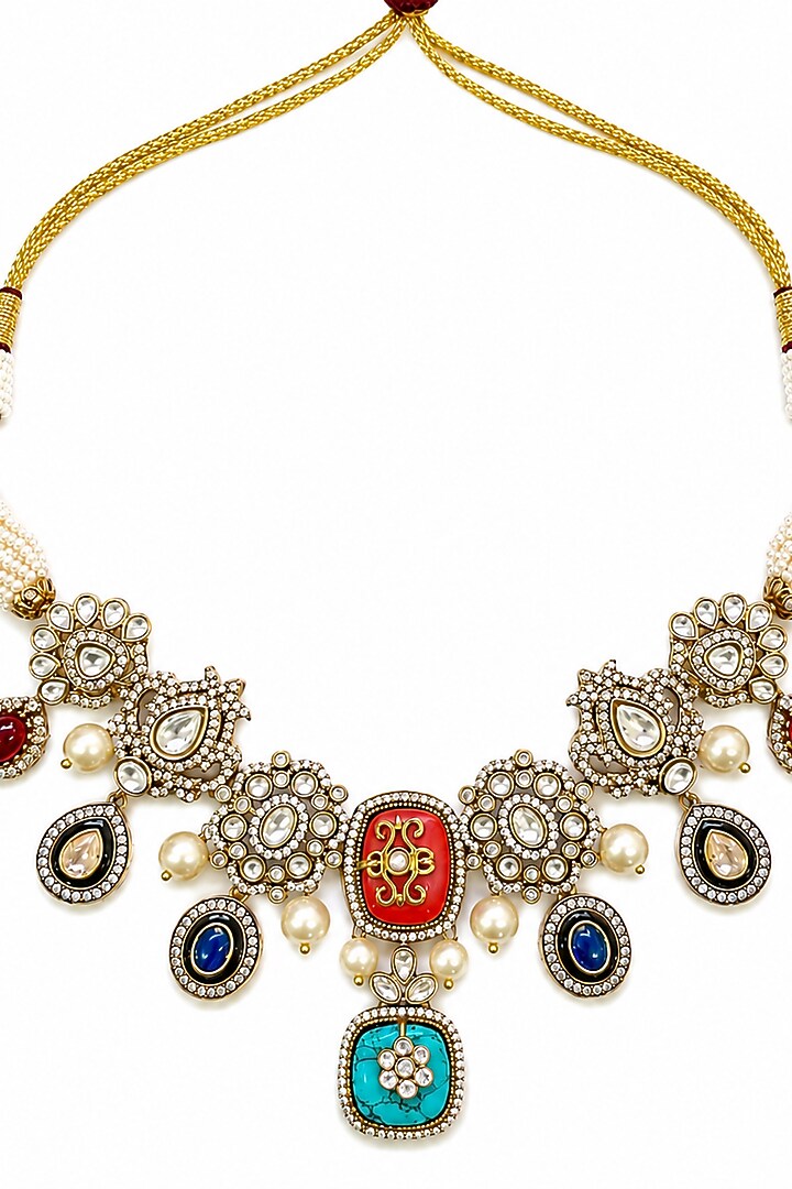 Gold Finish Kundan Polki & Semi Precious Stone Necklace Set by Tad Accessories at Pernia's Pop Up Shop