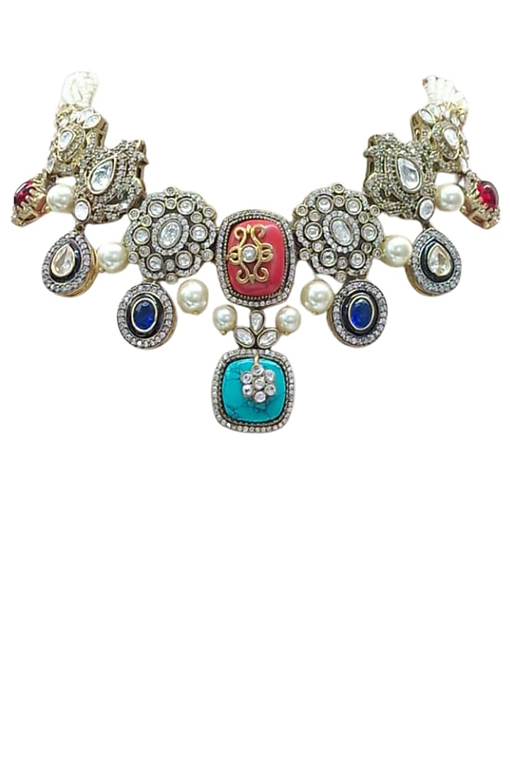 Gold Finish Kundan Polki & Semi Precious Stone Necklace Set by Tad Accessories at Pernia's Pop Up Shop