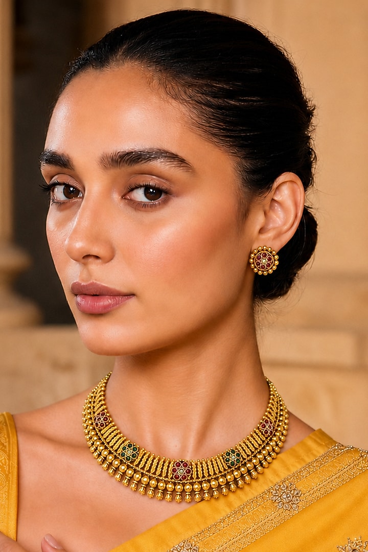 Gold Finish Kundan Polki & Semi Precious Stone Necklace Set by Tad Accessories at Pernia's Pop Up Shop