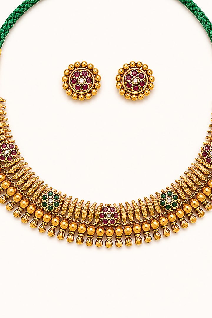 Gold Finish Kundan Polki & Semi Precious Stone Necklace Set by Tad Accessories at Pernia's Pop Up Shop