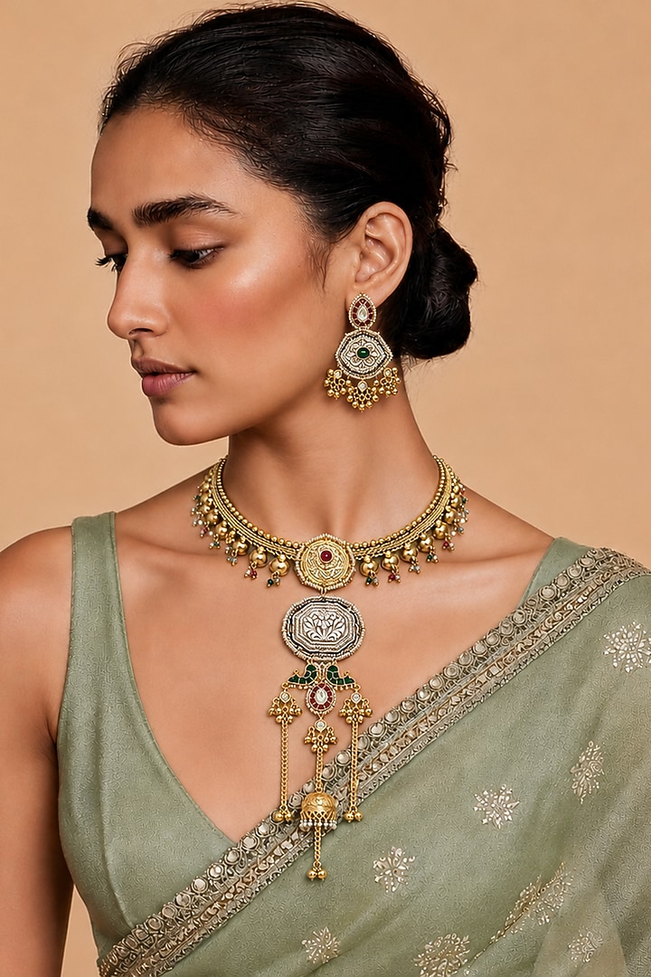 Two-Tone Finish Kundan Polki Necklace Set by Tad Accessories at Pernia's Pop Up Shop