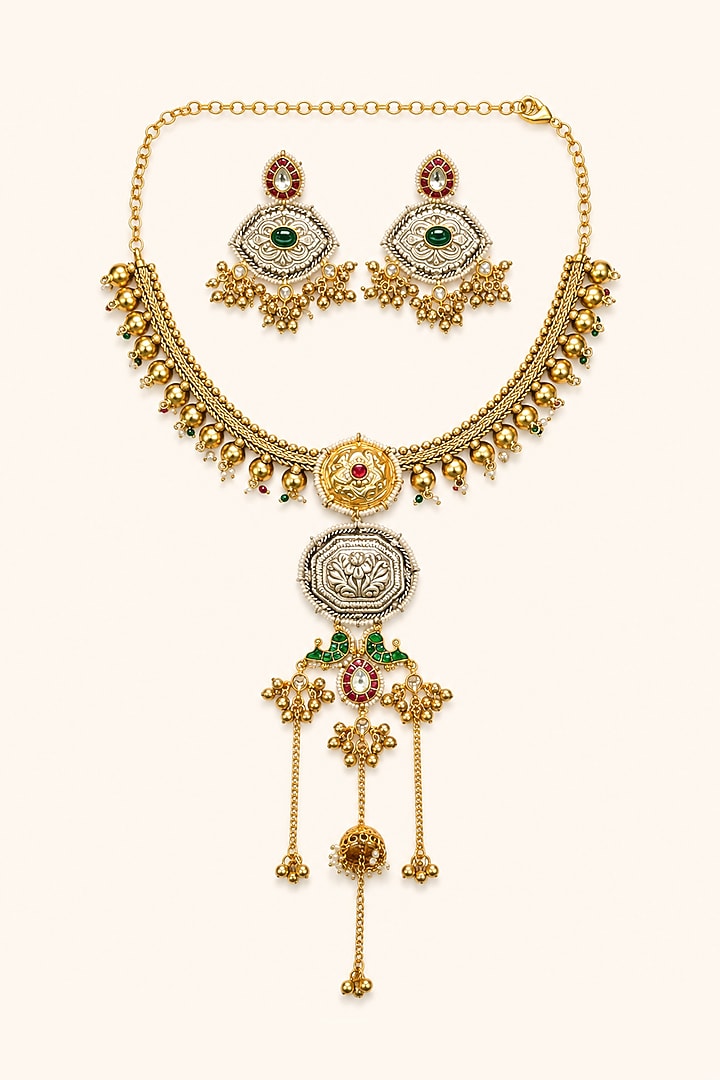 Two-Tone Finish Kundan Polki Necklace Set by Tad Accessories at Pernia's Pop Up Shop