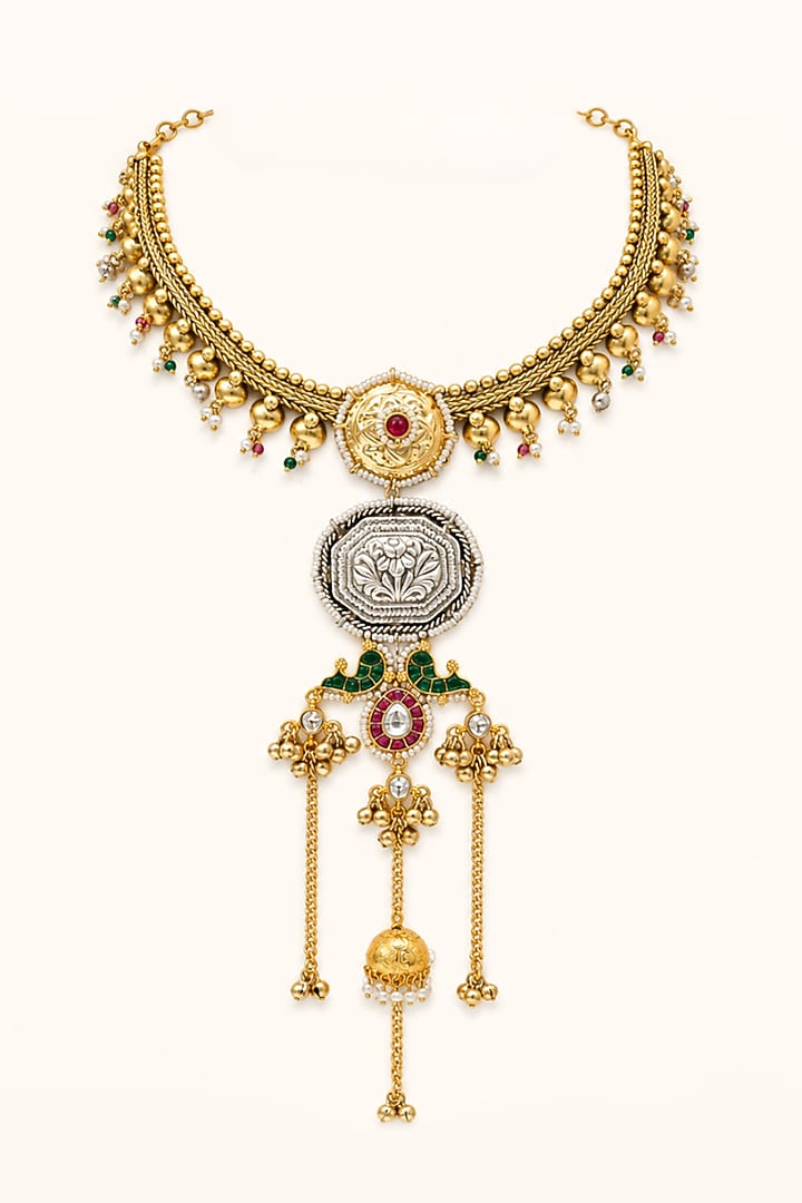 Two-Tone Finish Kundan Polki Necklace Set by Tad Accessories at Pernia's Pop Up Shop