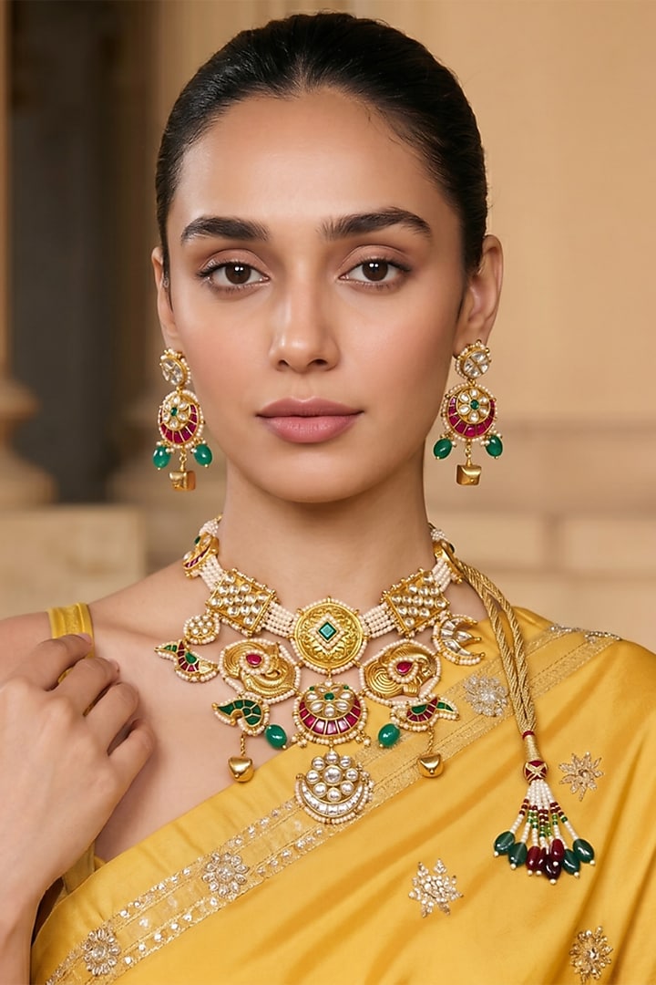 Gold Finish Kundan Polki & Semi Precious Stone Necklace Set by Tad Accessories at Pernia's Pop Up Shop