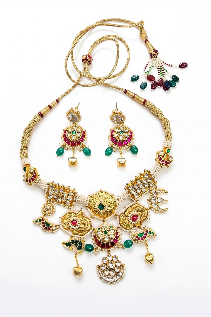 Gold Finish Kundan Polki & Semi Precious Stone Necklace Set by Tad Accessories at Pernia's Pop Up Shop