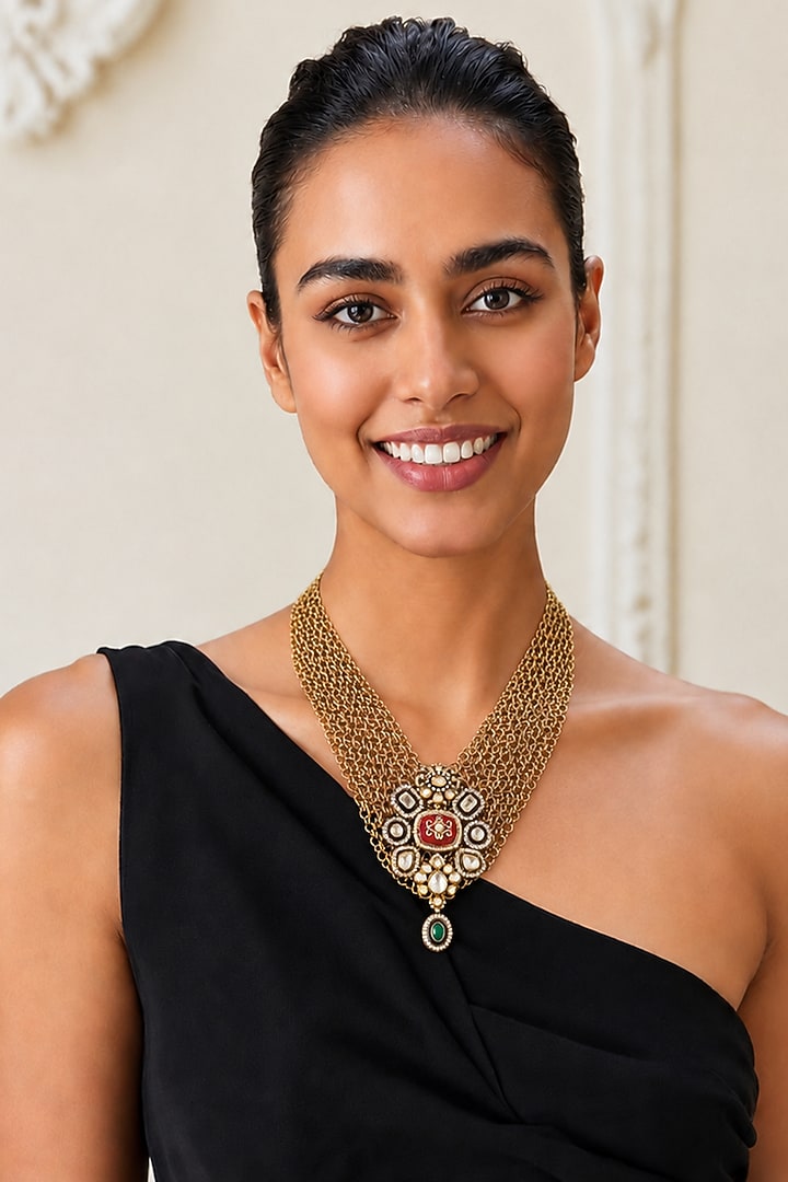 Gold Finish Imitation Polki & Semi-Precious Stone Necklace by Tad Accessories at Pernia's Pop Up Shop