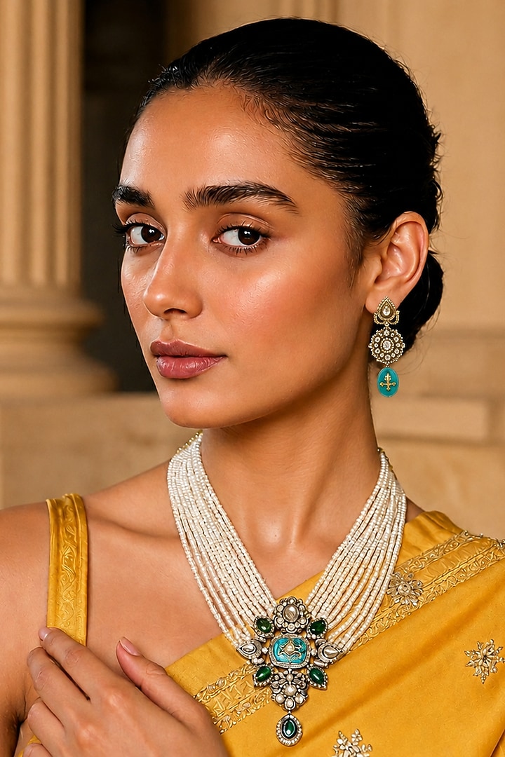 Gold Finish Imitation Polki & Turquoise Stone Necklace Set by Tad Accessories at Pernia's Pop Up Shop