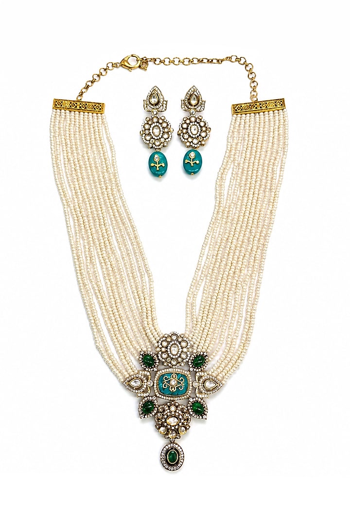 Gold Finish Imitation Polki & Turquoise Stone Necklace Set by Tad Accessories at Pernia's Pop Up Shop