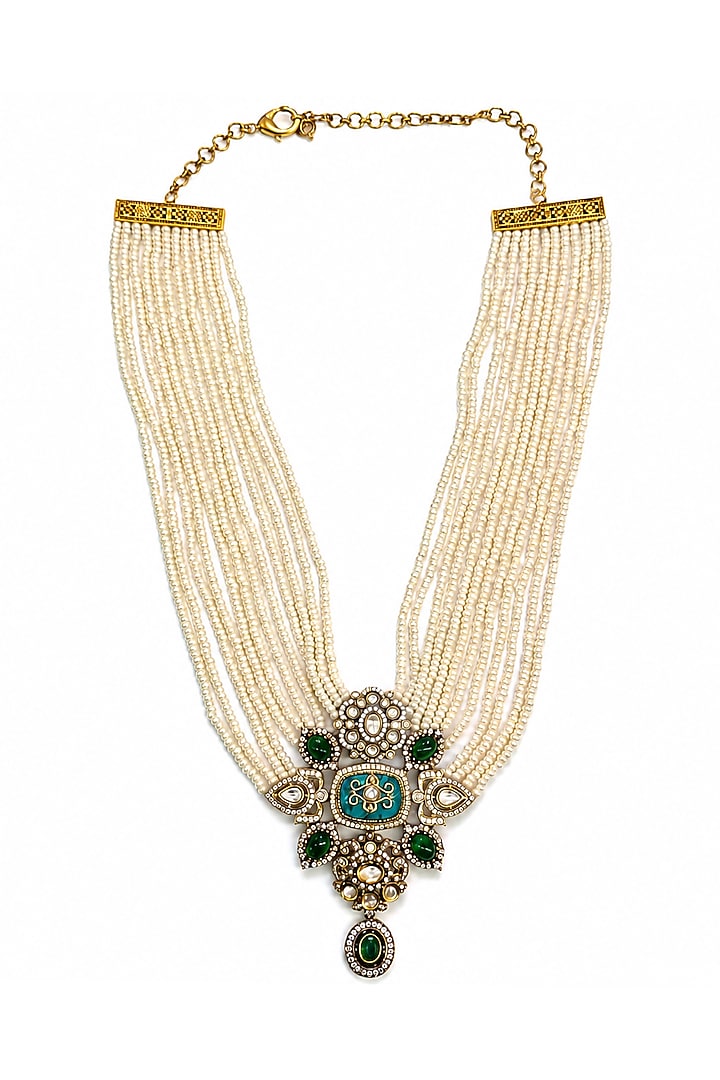 Gold Finish Imitation Polki & Turquoise Stone Necklace Set by Tad Accessories at Pernia's Pop Up Shop