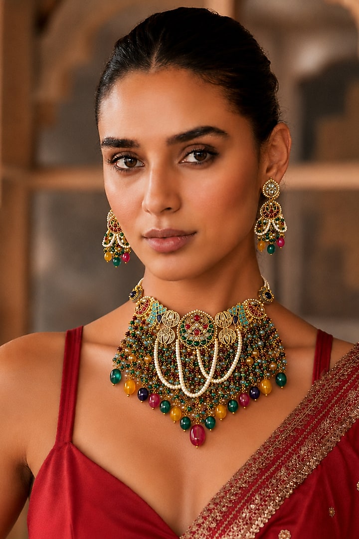 Gold Finish Imitation Polki & Multi-Colored Semi-Precious Stone Necklace Set by Tad Accessories at Pernia's Pop Up Shop