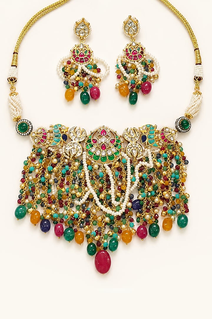 Gold Finish Imitation Polki & Multi-Colored Semi-Precious Stone Necklace Set by Tad Accessories at Pernia's Pop Up Shop